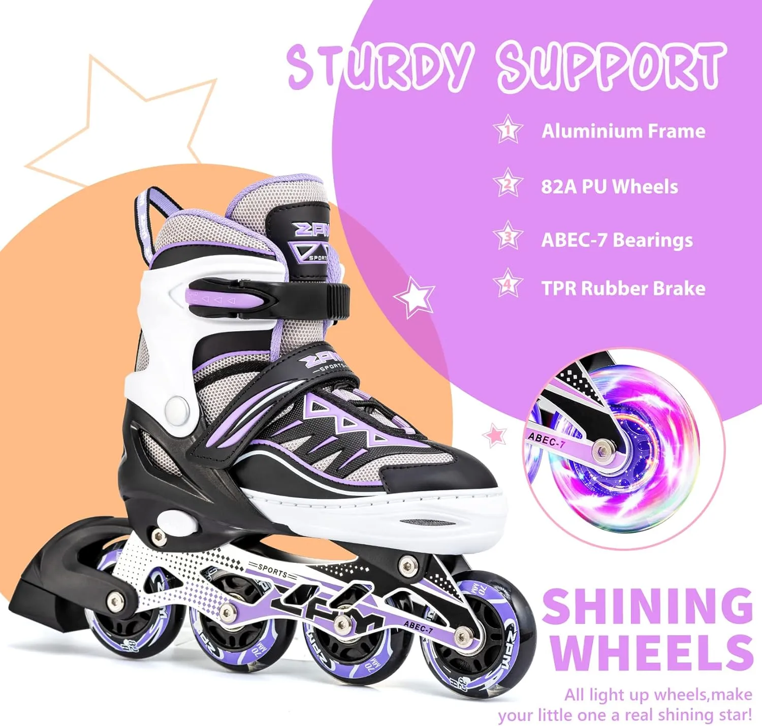 2PM SPORTS Cytia Pink Girls Adjustable Illuminating Inline Skates with Light up Wheels, Fun Flashing Beginner Roller Skates for Kids