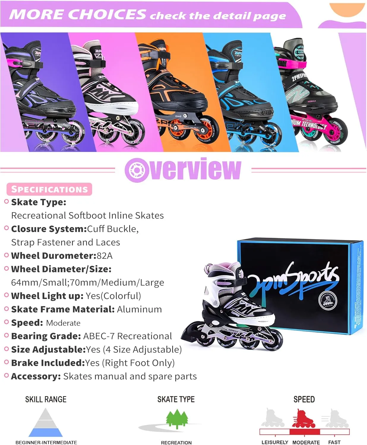 2PM SPORTS Cytia Pink Girls Adjustable Illuminating Inline Skates with Light up Wheels, Fun Flashing Beginner Roller Skates for Kids