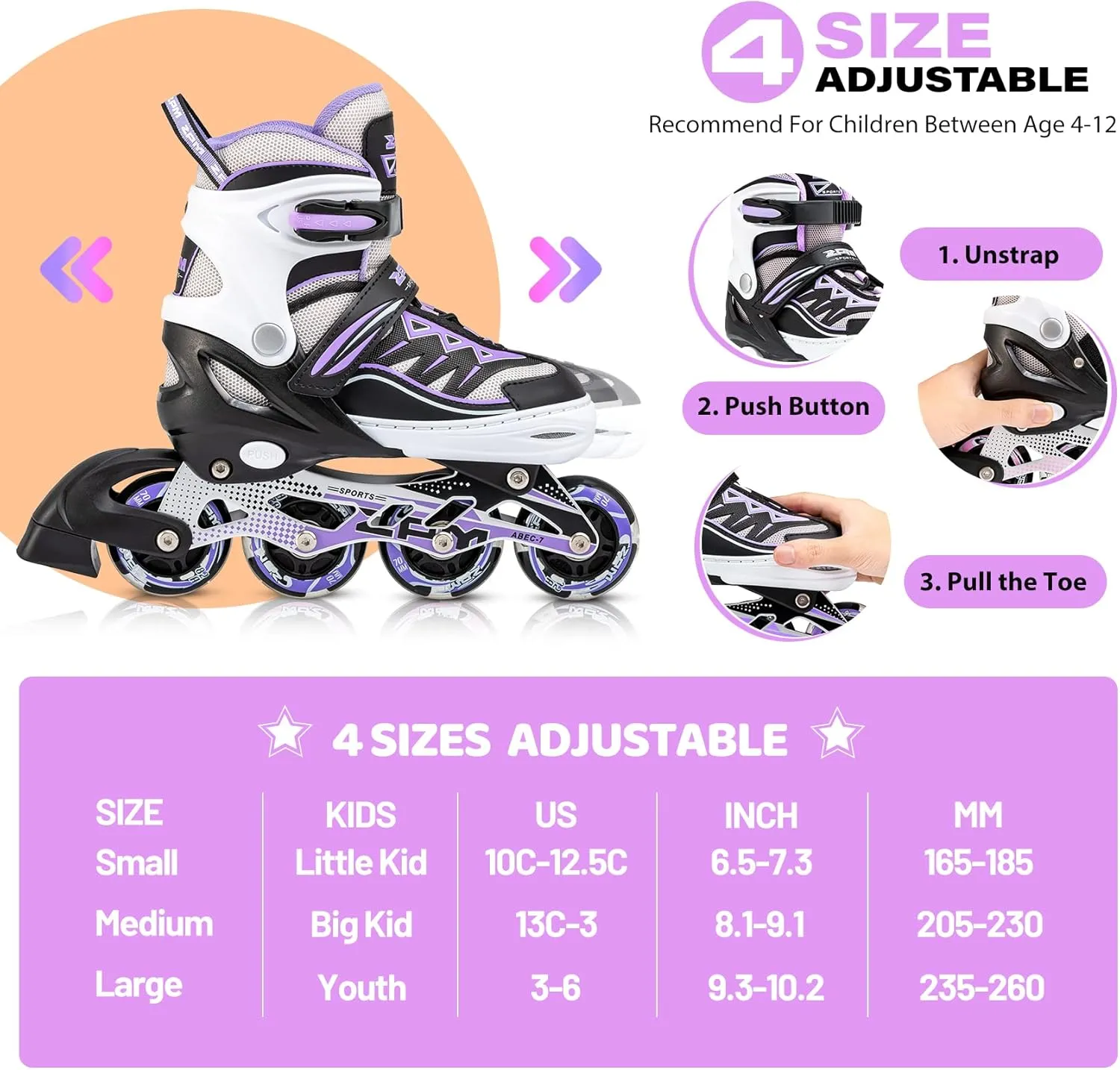 2PM SPORTS Cytia Pink Girls Adjustable Illuminating Inline Skates with Light up Wheels, Fun Flashing Beginner Roller Skates for Kids