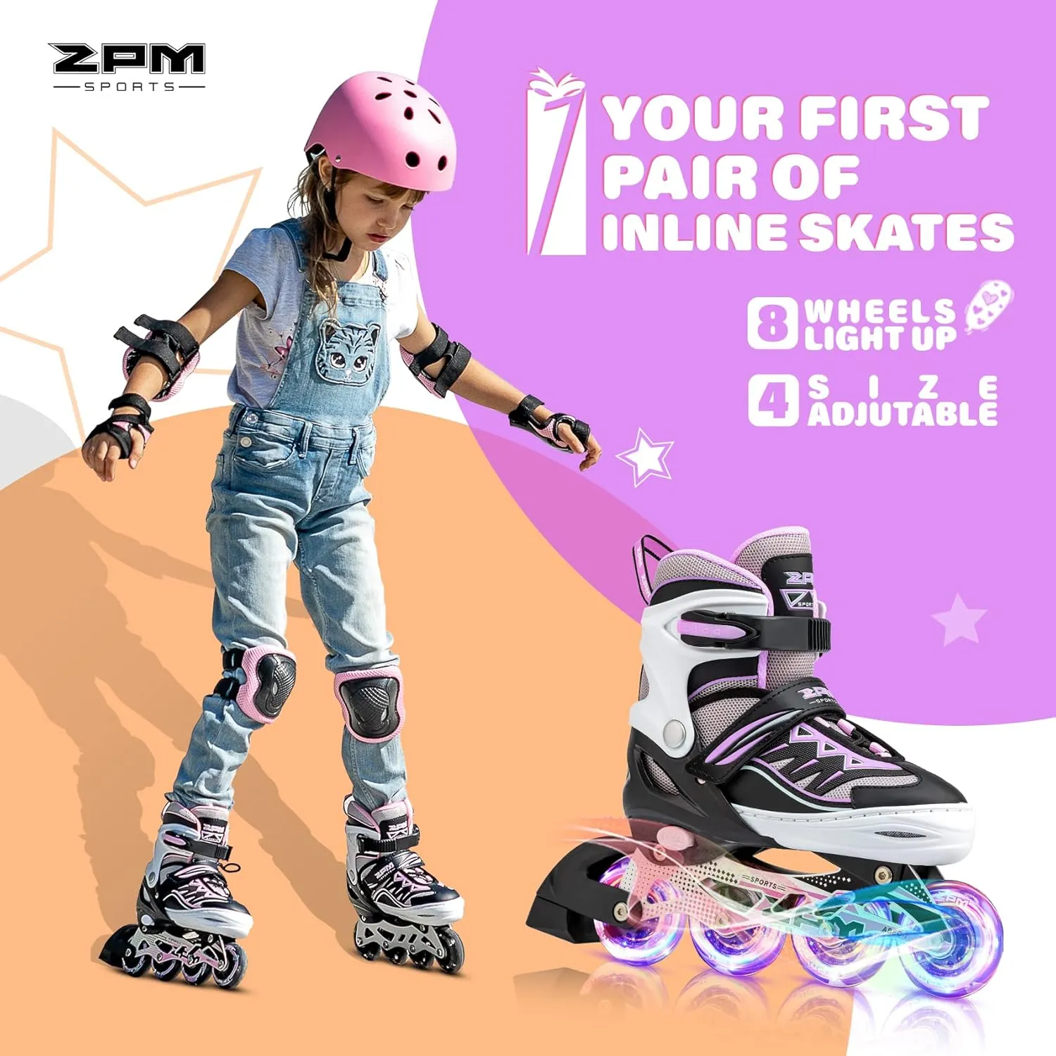 2PM SPORTS Cytia Pink Girls Adjustable Illuminating Inline Skates with Light up Wheels, Fun Flashing Beginner Roller Skates for Kids