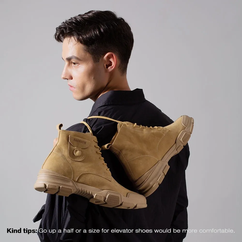 7CM/2.76 Inches CHAMARIPA Elevator Boots For Men Lace-Up Hidden Heel Boots Brown Nubuck Leather Casual Boots