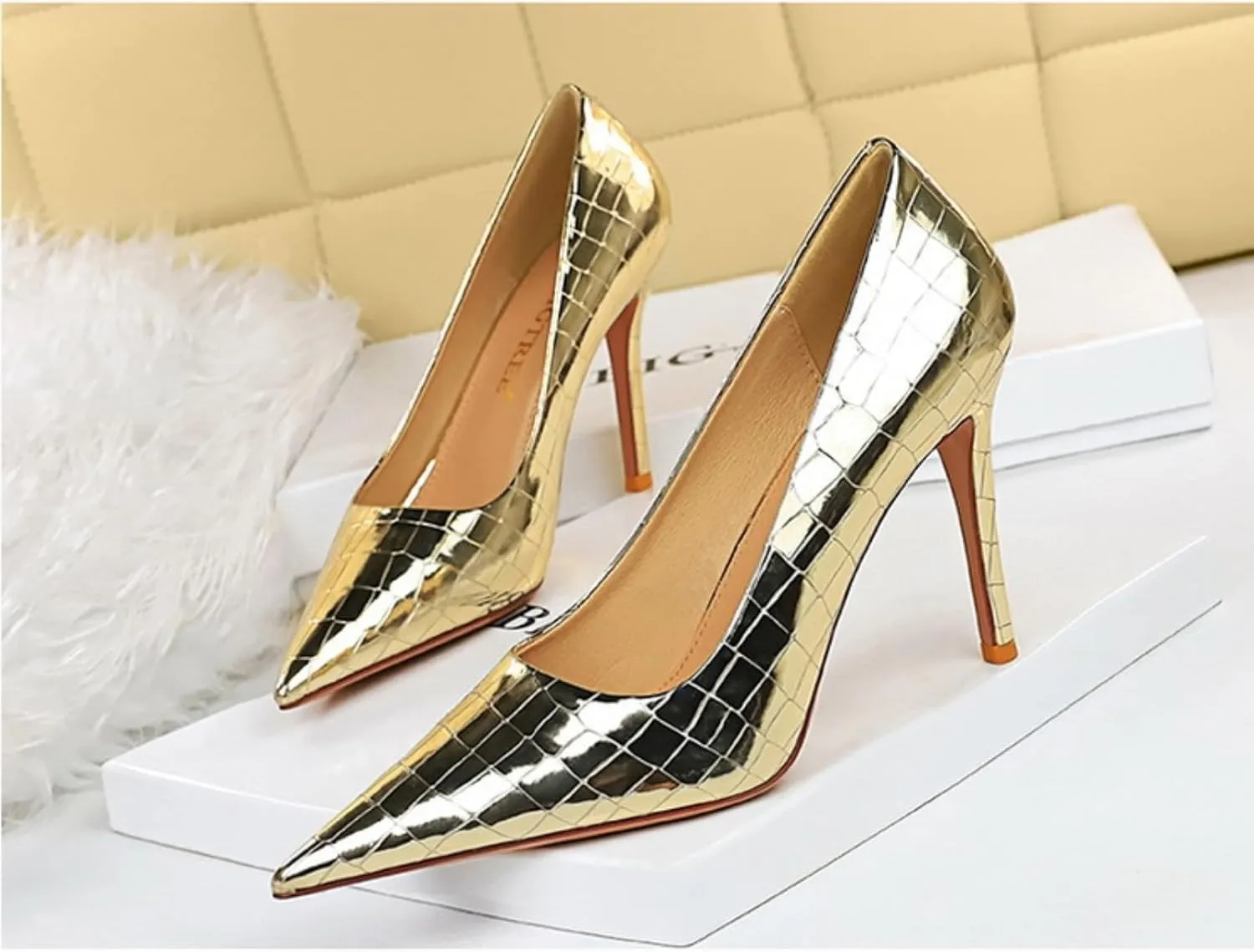 Aflngle Women Sexy High Heels Pumps Fashion Pointed Stiletto Toe Heels Shoes Classy Closed Slip On Heels with Patent Leather Pumps Comfort Wedding Cute Evening Dress Party Shoes