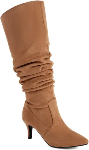 Aflngle Women's Denim Pointed Toe Stacked Knee High Boots Fashion Slouchy Stiletto Heels Tall Boots Fashion Wide Calf Pleated Pull-On Long Booties