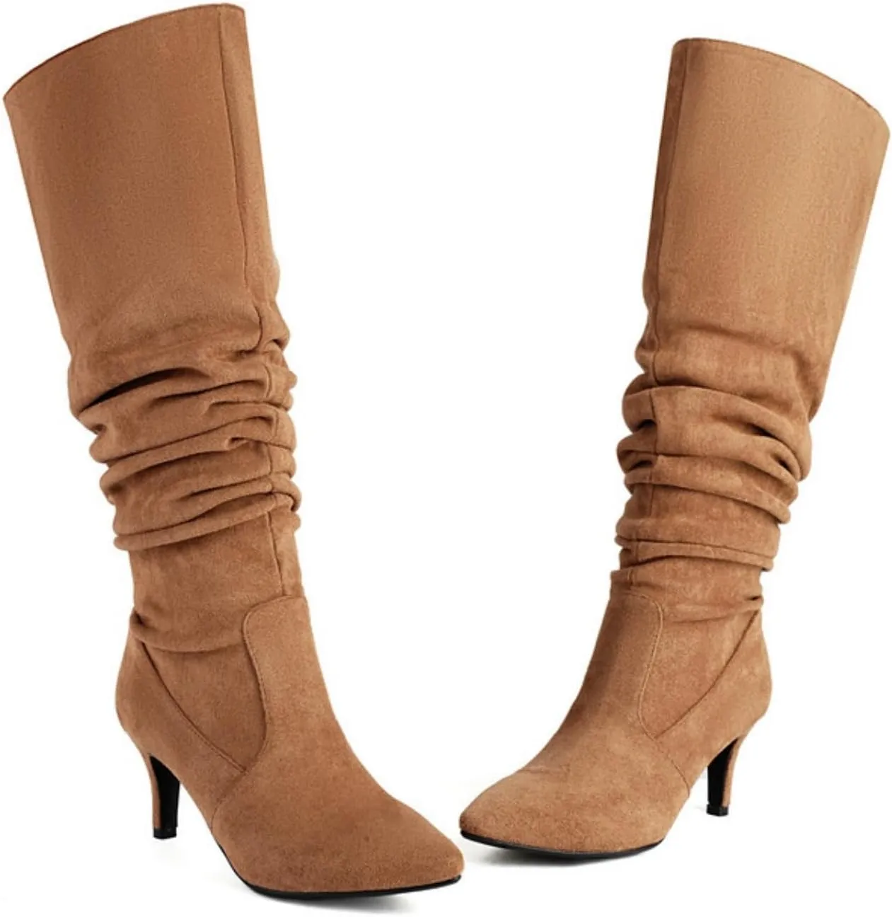 Aflngle Women's Denim Pointed Toe Stacked Knee High Boots Fashion Slouchy Stiletto Heels Tall Boots Fashion Wide Calf Pleated Pull-On Long Booties