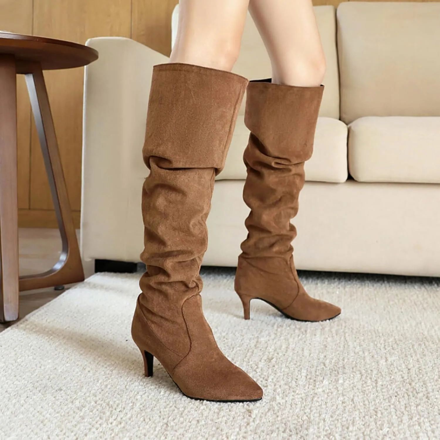 Aflngle Women's Denim Pointed Toe Stacked Knee High Boots Fashion Slouchy Stiletto Heels Tall Boots Fashion Wide Calf Pleated Pull-On Long Booties