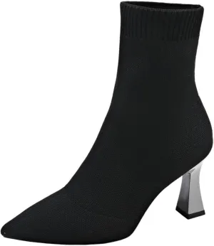 Aflngle Women's Fashion Ankle Boots Sexy Pointed Toe Stiletto High Heels Boots Elastic Knitted Fabric Short Long Sock Heels Comfy Mid Calf Booties