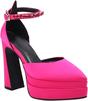 Aflngle Women's Fashion Two Platform Chunky High Heel Shoes Pointed Closed Toe Ankle Strap Buckle Rhinestone Decoration Comfortable Non-Slip Evening Wedding Party Prom Dress Pumps
