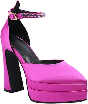 Aflngle Women's Fashion Two Platform Chunky High Heel Shoes Pointed Closed Toe Ankle Strap Buckle Rhinestone Decoration Comfortable Non-Slip Evening Wedding Party Prom Dress Pumps