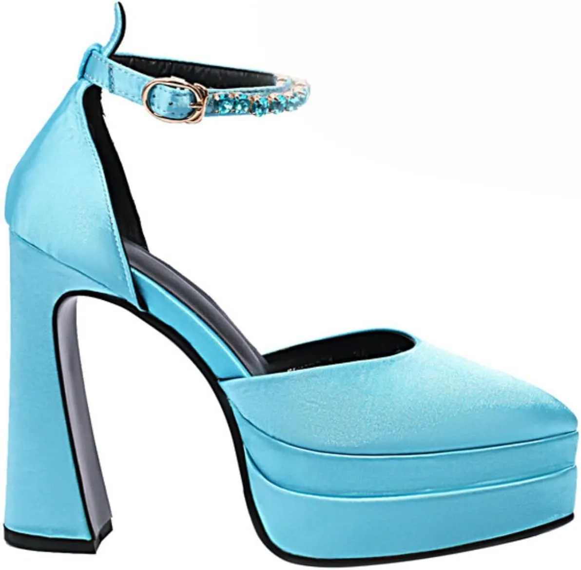 Aflngle Women's Fashion Two Platform Chunky High Heel Shoes Pointed Closed Toe Ankle Strap Buckle Rhinestone Decoration Comfortable Non-Slip Evening Wedding Party Prom Dress Pumps