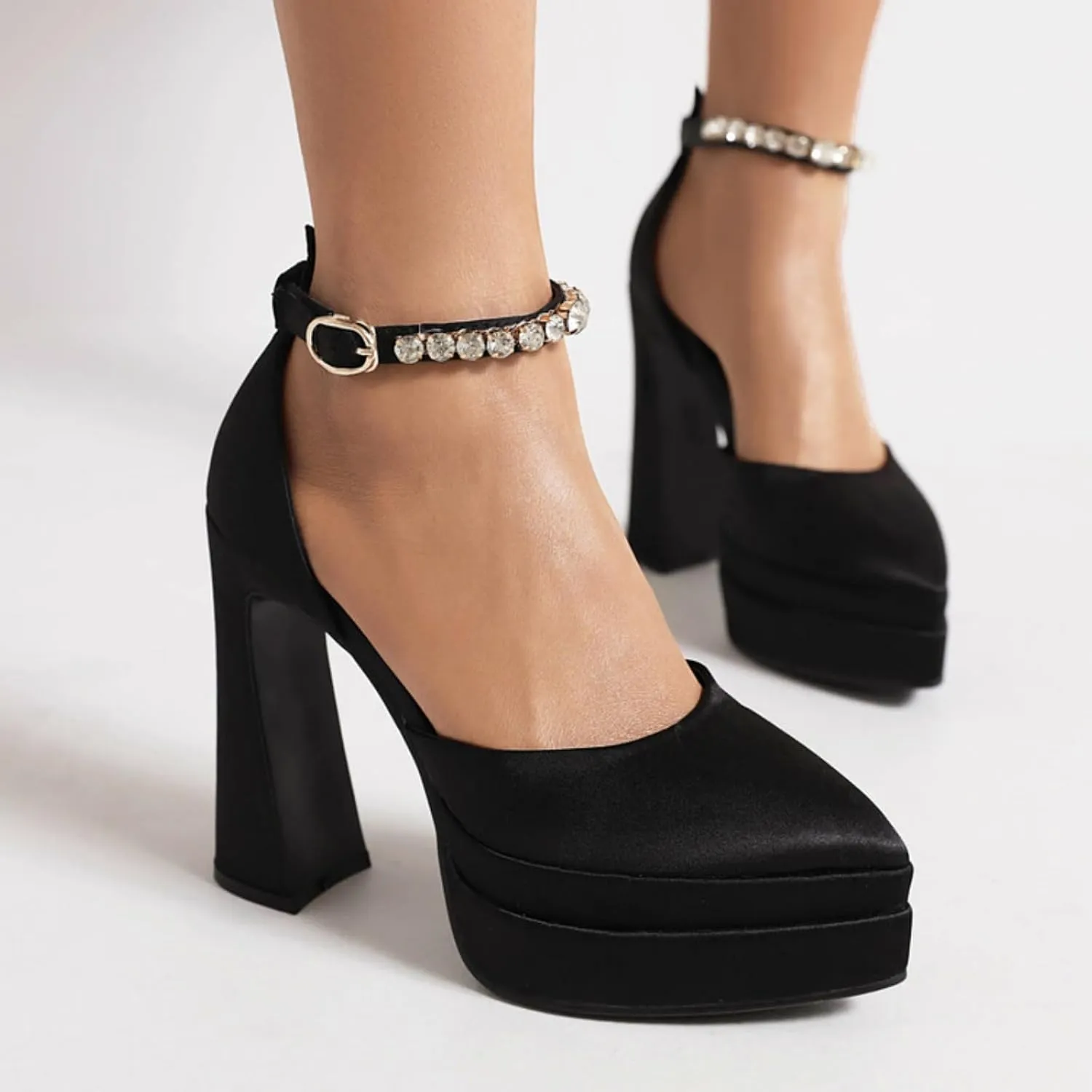 Aflngle Women's Fashion Two Platform Chunky High Heel Shoes Pointed Closed Toe Ankle Strap Buckle Rhinestone Decoration Comfortable Non-Slip Evening Wedding Party Prom Dress Pumps