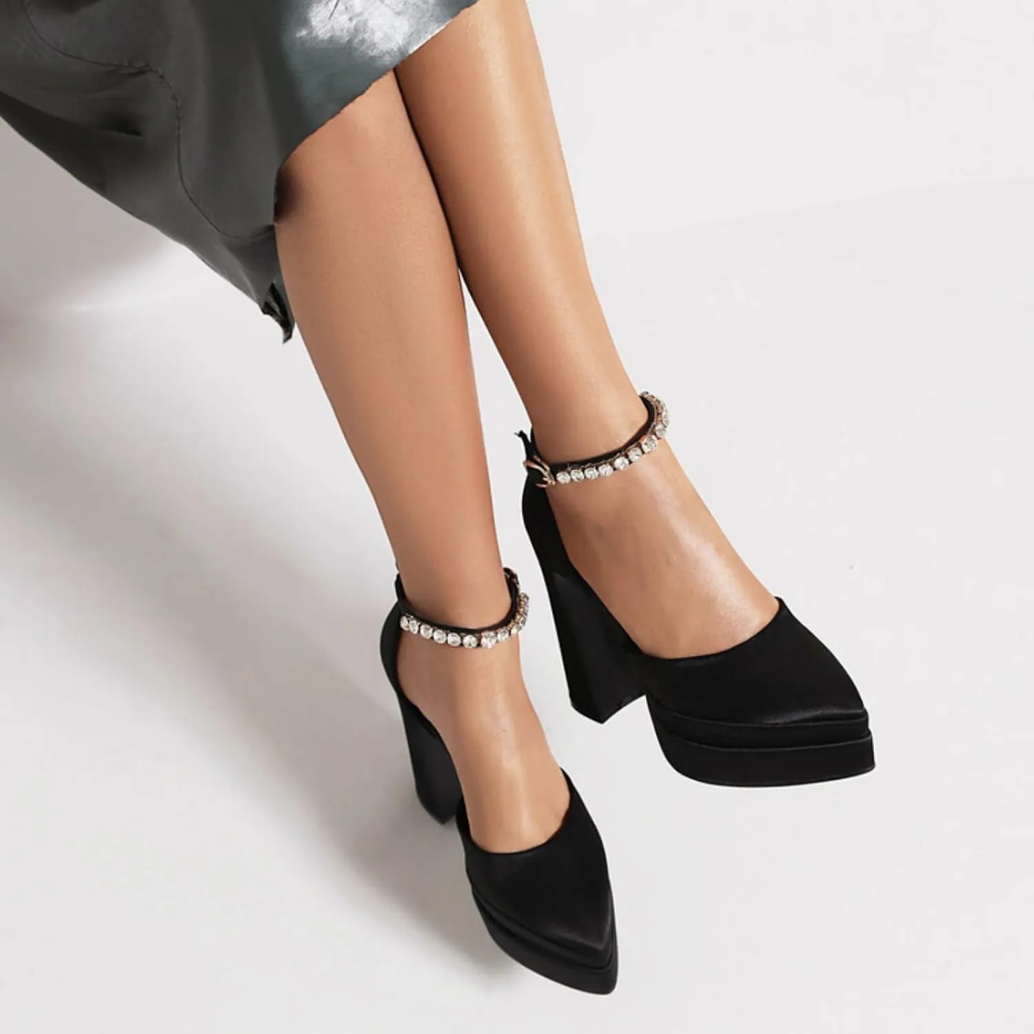 Aflngle Women's Fashion Two Platform Chunky High Heel Shoes Pointed Closed Toe Ankle Strap Buckle Rhinestone Decoration Comfortable Non-Slip Evening Wedding Party Prom Dress Pumps