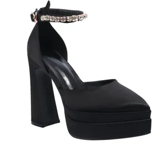Aflngle Women's Fashion Two Platform Chunky High Heel Shoes Pointed Closed Toe Ankle Strap Buckle Rhinestone Decoration Comfortable Non-Slip Evening Wedding Party Prom Dress Pumps