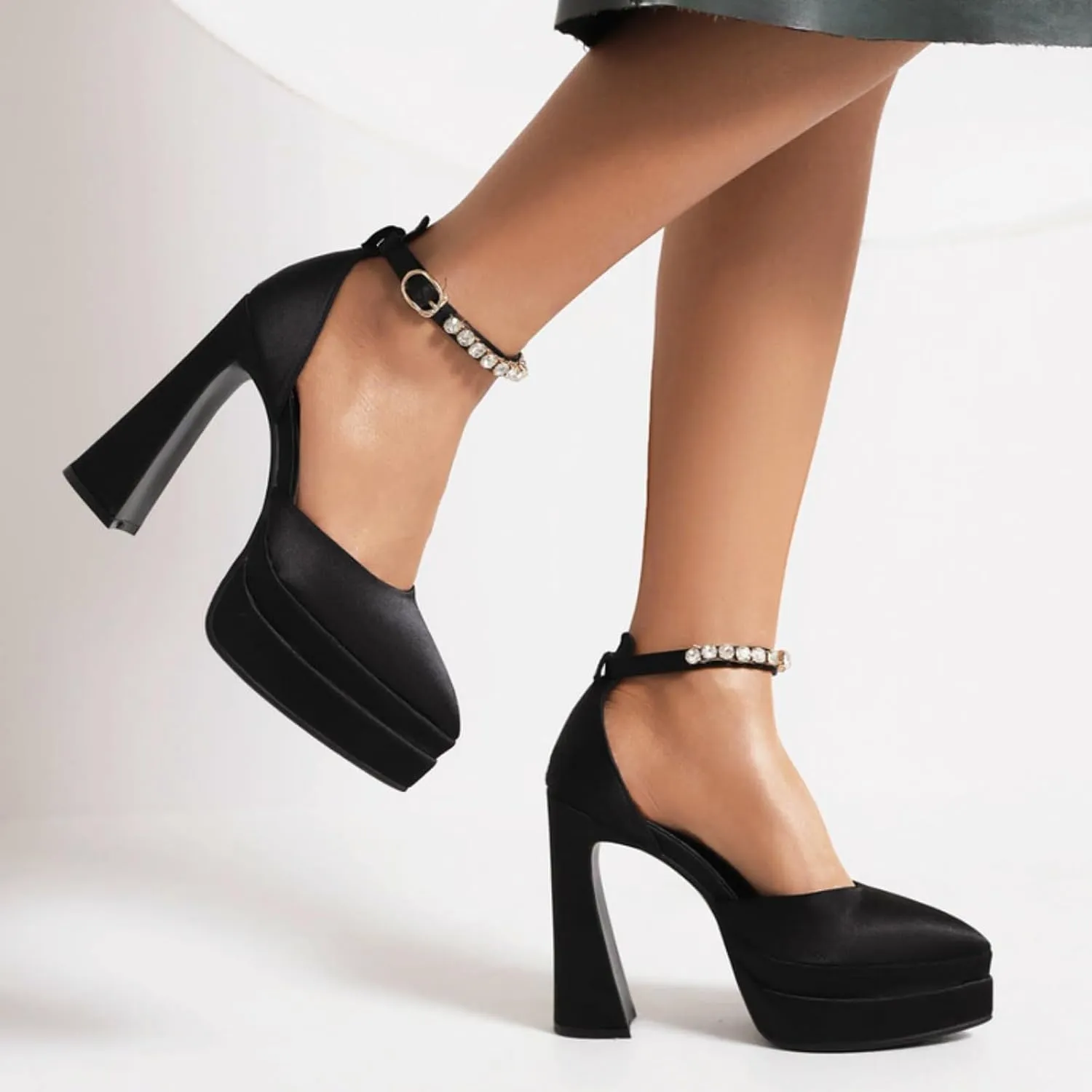 Aflngle Women's Fashion Two Platform Chunky High Heel Shoes Pointed Closed Toe Ankle Strap Buckle Rhinestone Decoration Comfortable Non-Slip Evening Wedding Party Prom Dress Pumps
