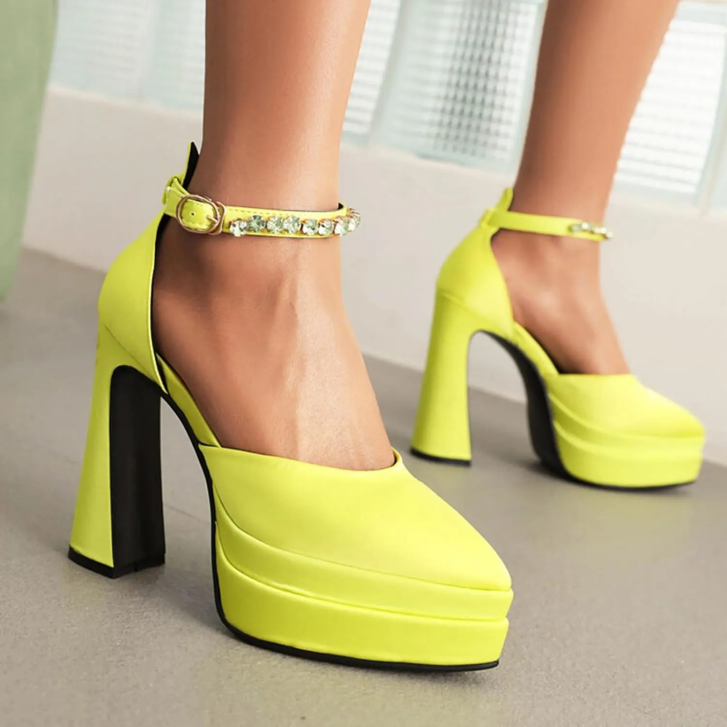 Aflngle Women's Fashion Two Platform Chunky High Heel Shoes Pointed Closed Toe Ankle Strap Buckle Rhinestone Decoration Comfortable Non-Slip Evening Wedding Party Prom Dress Pumps