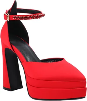 Aflngle Women's Fashion Two Platform Chunky High Heel Shoes Pointed Closed Toe Ankle Strap Buckle Rhinestone Decoration Comfortable Non-Slip Evening Wedding Party Prom Dress Pumps