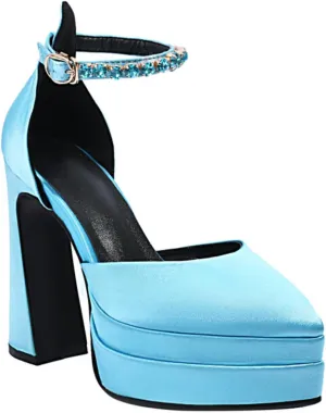 Aflngle Women's Fashion Two Platform Chunky High Heel Shoes Pointed Closed Toe Ankle Strap Buckle Rhinestone Decoration Comfortable Non-Slip Evening Wedding Party Prom Dress Pumps