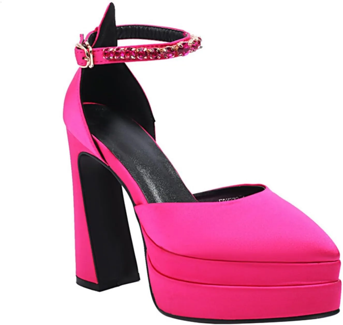 Aflngle Women's Fashion Two Platform Chunky High Heel Shoes Pointed Closed Toe Ankle Strap Buckle Rhinestone Decoration Comfortable Non-Slip Evening Wedding Party Prom Dress Pumps
