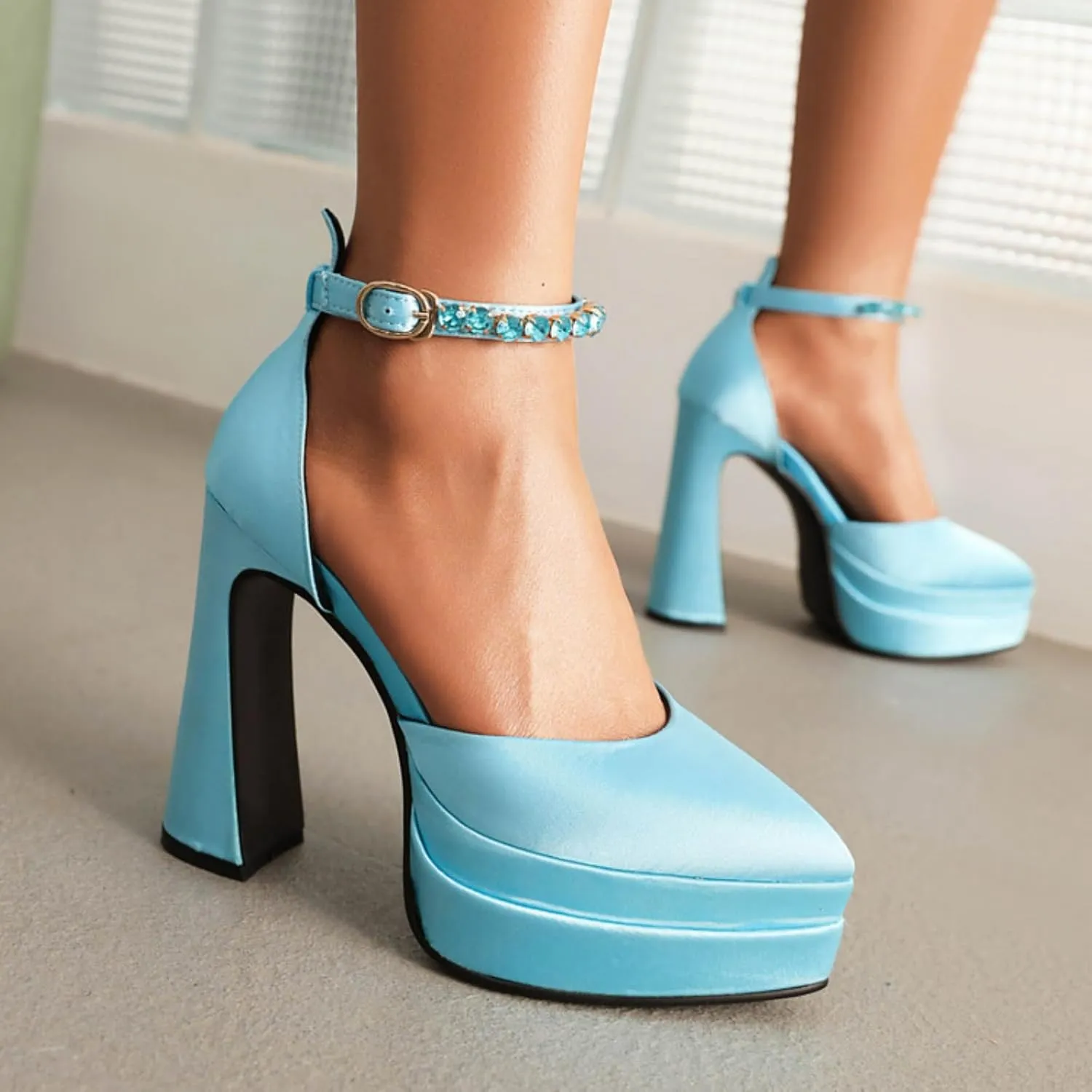 Aflngle Women's Fashion Two Platform Chunky High Heel Shoes Pointed Closed Toe Ankle Strap Buckle Rhinestone Decoration Comfortable Non-Slip Evening Wedding Party Prom Dress Pumps