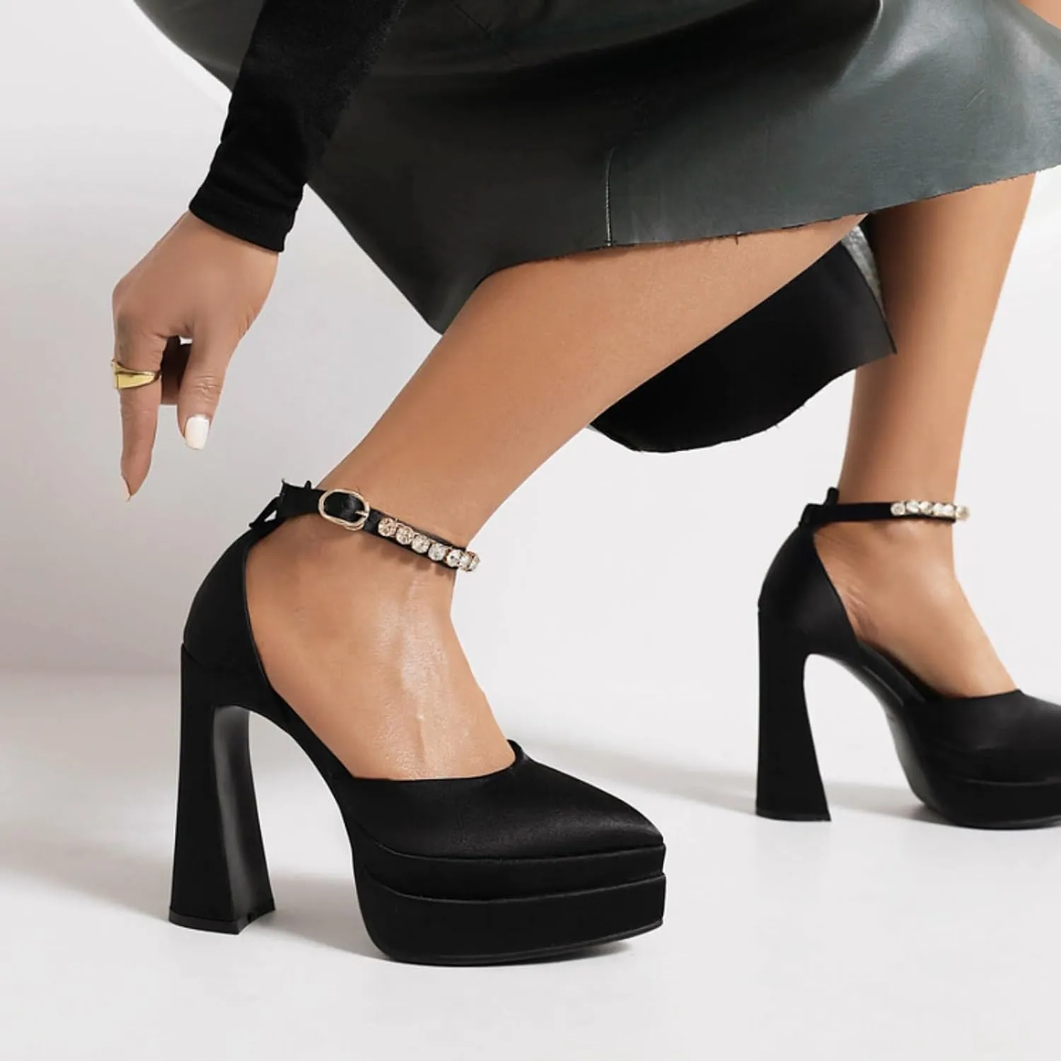 Aflngle Women's Fashion Two Platform Chunky High Heel Shoes Pointed Closed Toe Ankle Strap Buckle Rhinestone Decoration Comfortable Non-Slip Evening Wedding Party Prom Dress Pumps