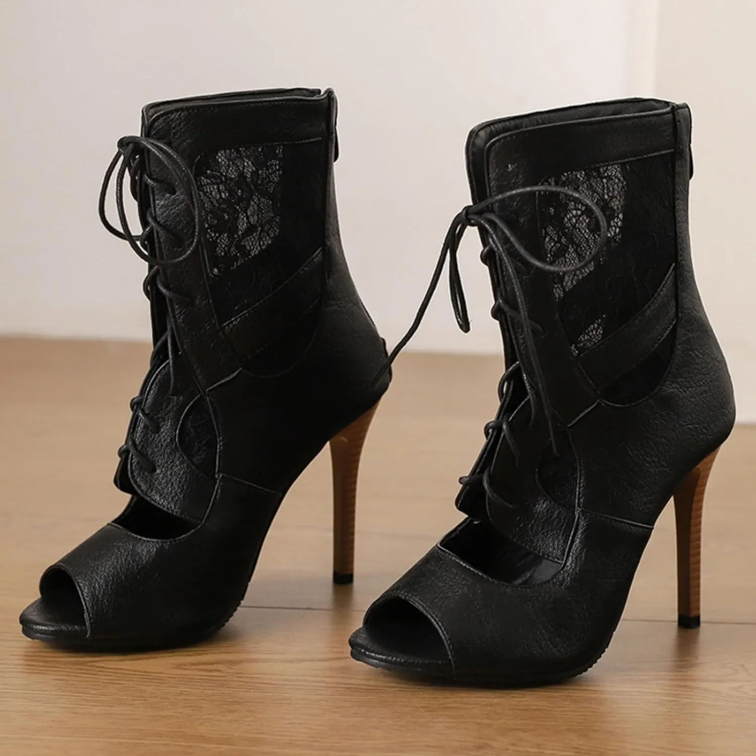 Aflngle Women's Lace Up Mesh Breathable Open Peep Toe Stiletto High Heels Sandals Fashion Hollow Out Back Zipper Heeled Gladiator Sandal Booties Evening Wedding Party Dress Shoes