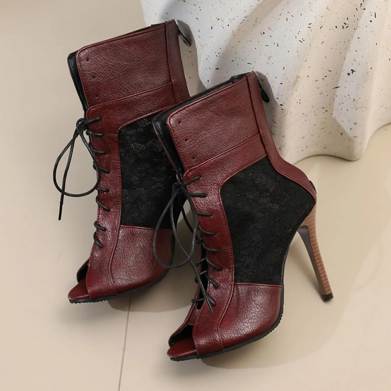 Aflngle Women's Sexy Fish Mouth Open Peep Toe Lace Up Stiletto High Heeled Sandals Fashion Back Zipper Patchwork Mesh Breathable Wedding Evening Party Prom Dress Sandal Shoes