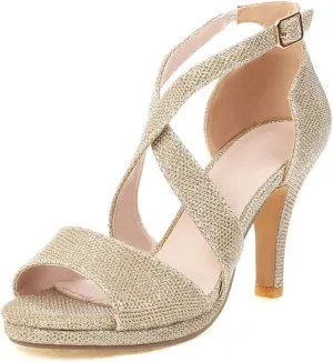 Aflngle Women's Sexy Glitter Open Toe Stiletto High Heels Sandals Fashion Sparkly Rhinestone Cross Strap Wedding Evening Party Prom Dress Pumps Shoes