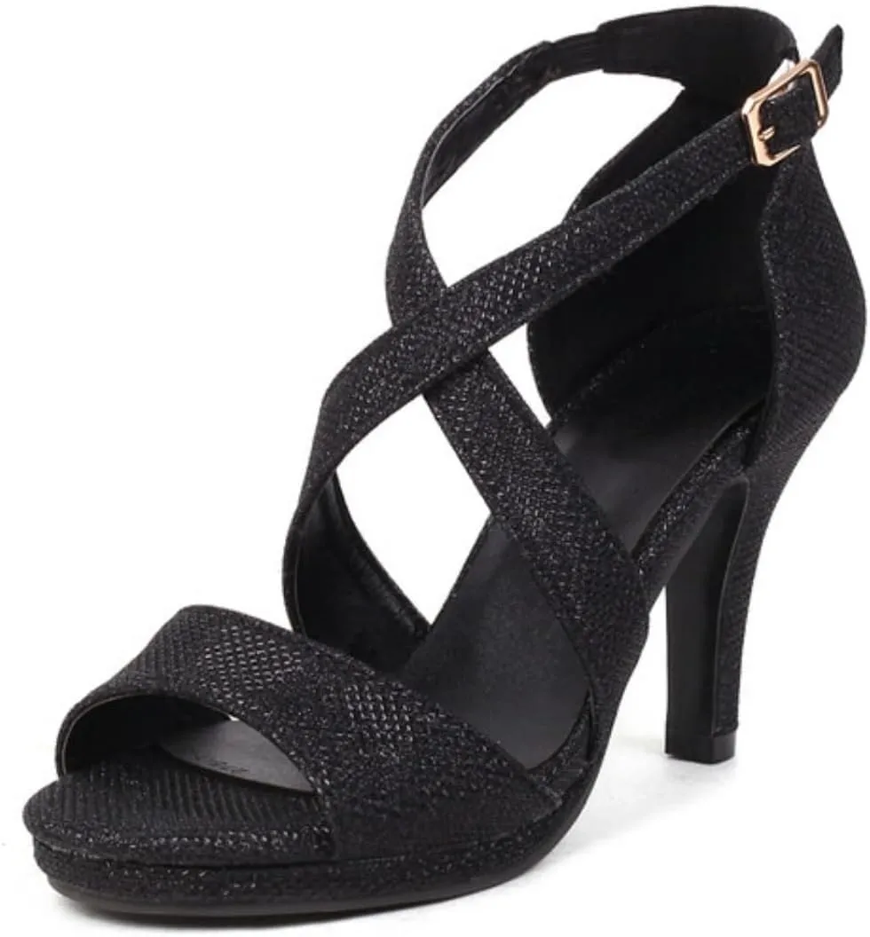 Aflngle Women's Sexy Glitter Open Toe Stiletto High Heels Sandals Fashion Sparkly Rhinestone Cross Strap Wedding Evening Party Prom Dress Pumps Shoes