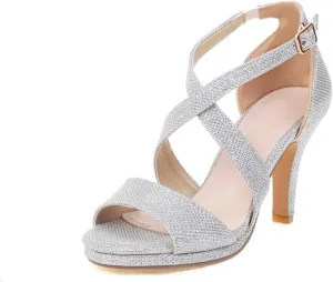 Aflngle Women's Sexy Glitter Open Toe Stiletto High Heels Sandals Fashion Sparkly Rhinestone Cross Strap Wedding Evening Party Prom Dress Pumps Shoes
