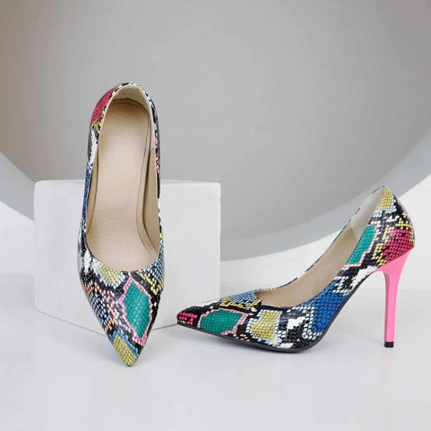 Aflngle Women's Sexy Pointed Closed Toe Stiletto High Heels Shoes Fashion Colourful Snake Print Comfortable Slip-On Wedding Bridal Evening Party Prom Dress Pumps