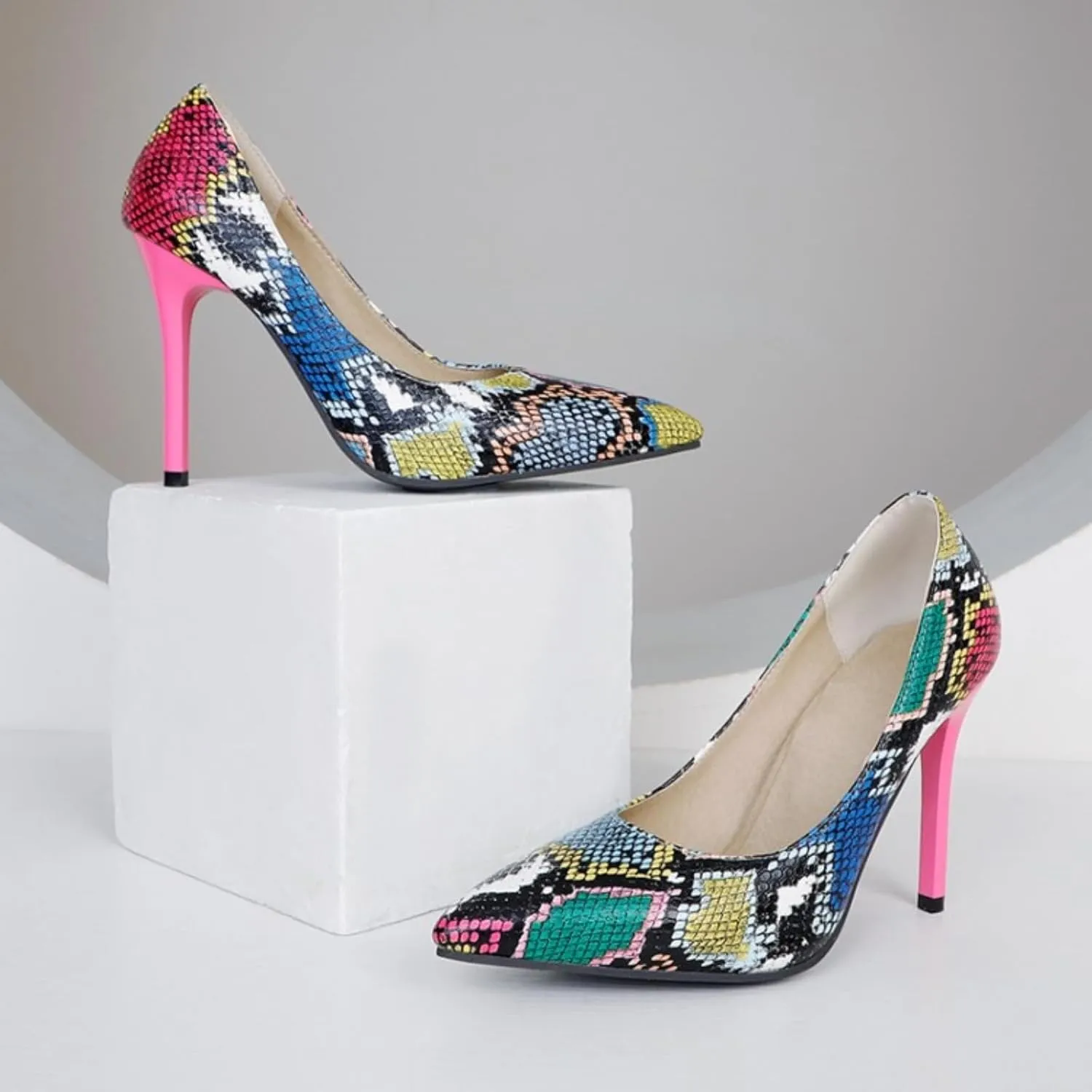 Aflngle Women's Sexy Pointed Closed Toe Stiletto High Heels Shoes Fashion Colourful Snake Print Comfortable Slip-On Wedding Bridal Evening Party Prom Dress Pumps
