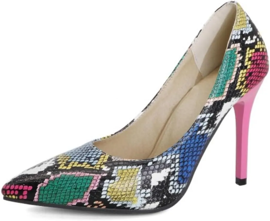 Aflngle Women's Sexy Pointed Closed Toe Stiletto High Heels Shoes Fashion Colourful Snake Print Comfortable Slip-On Wedding Bridal Evening Party Prom Dress Pumps