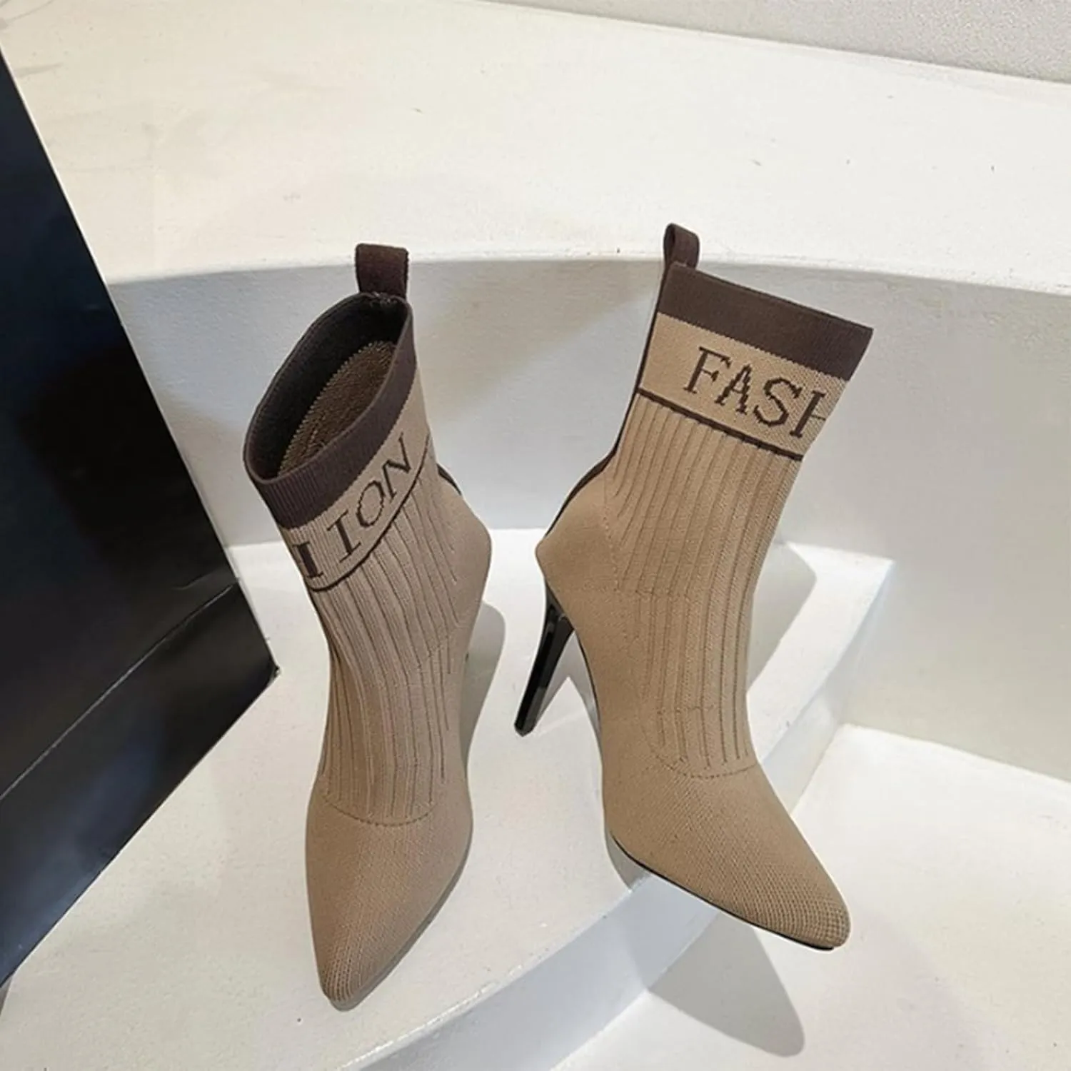 Aflngle Women's Stylish Ankle Boots Sexy Pointed Toe Stiletto High Heels Boots Elastic Knitted Fabric Short Long Sock Heels Comfy Mid Calf Booties