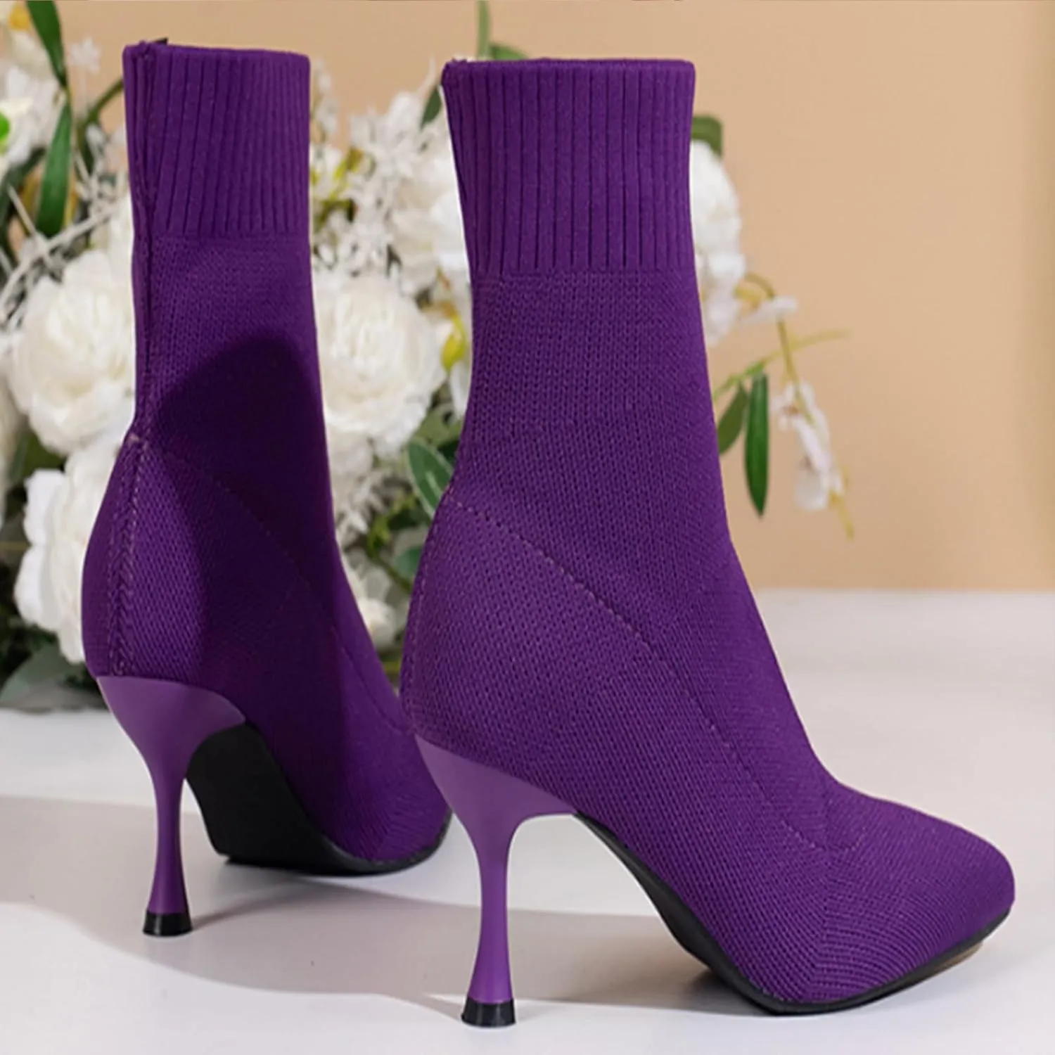 Aflngle Women's Stylish Ankle Boots Sexy Pointed Toe Stiletto High Heels Boots Elastic Knitted Fabric Short Sock Heels Comfy Mid Calf Booties