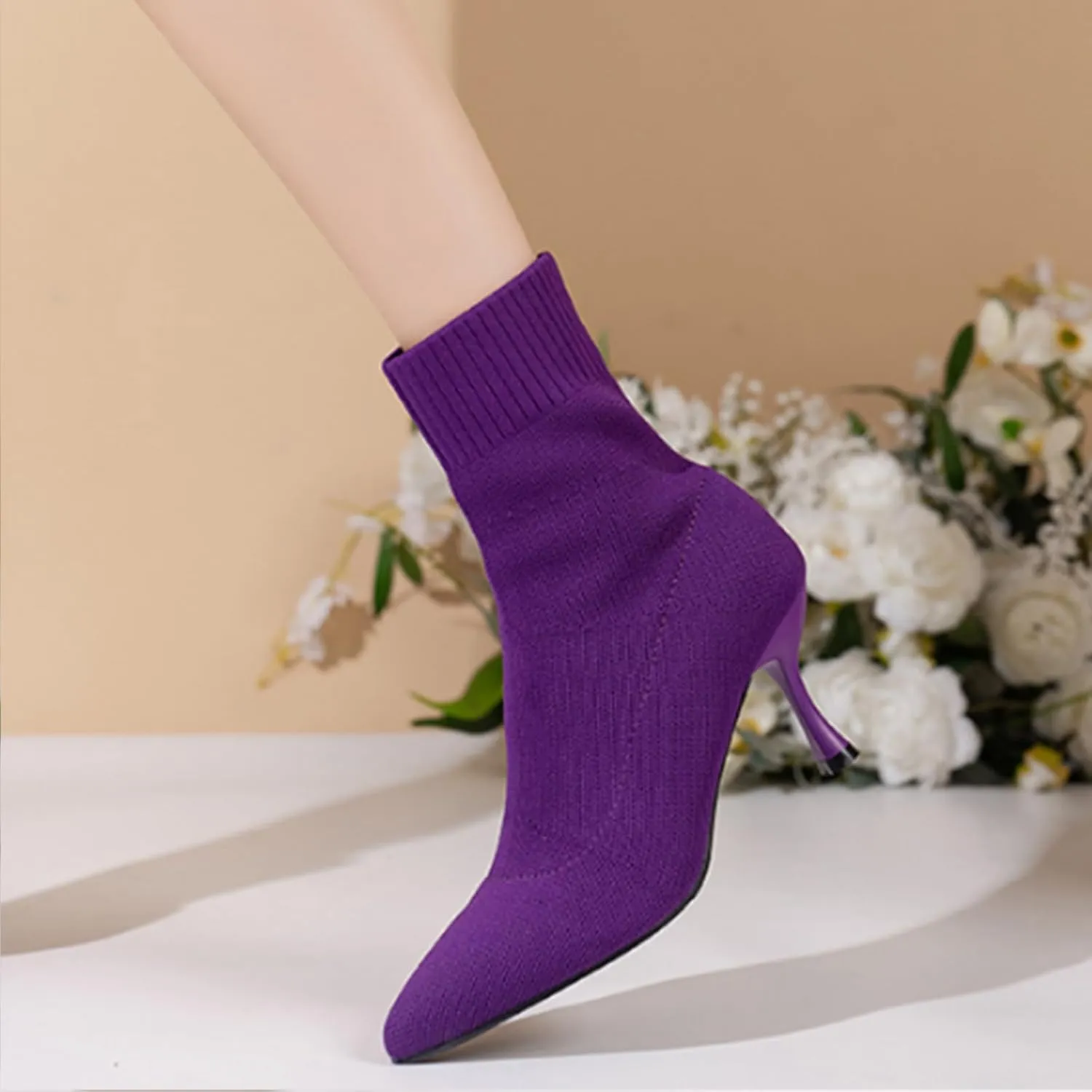 Aflngle Women's Stylish Ankle Boots Sexy Pointed Toe Stiletto High Heels Boots Elastic Knitted Fabric Short Sock Heels Comfy Mid Calf Booties