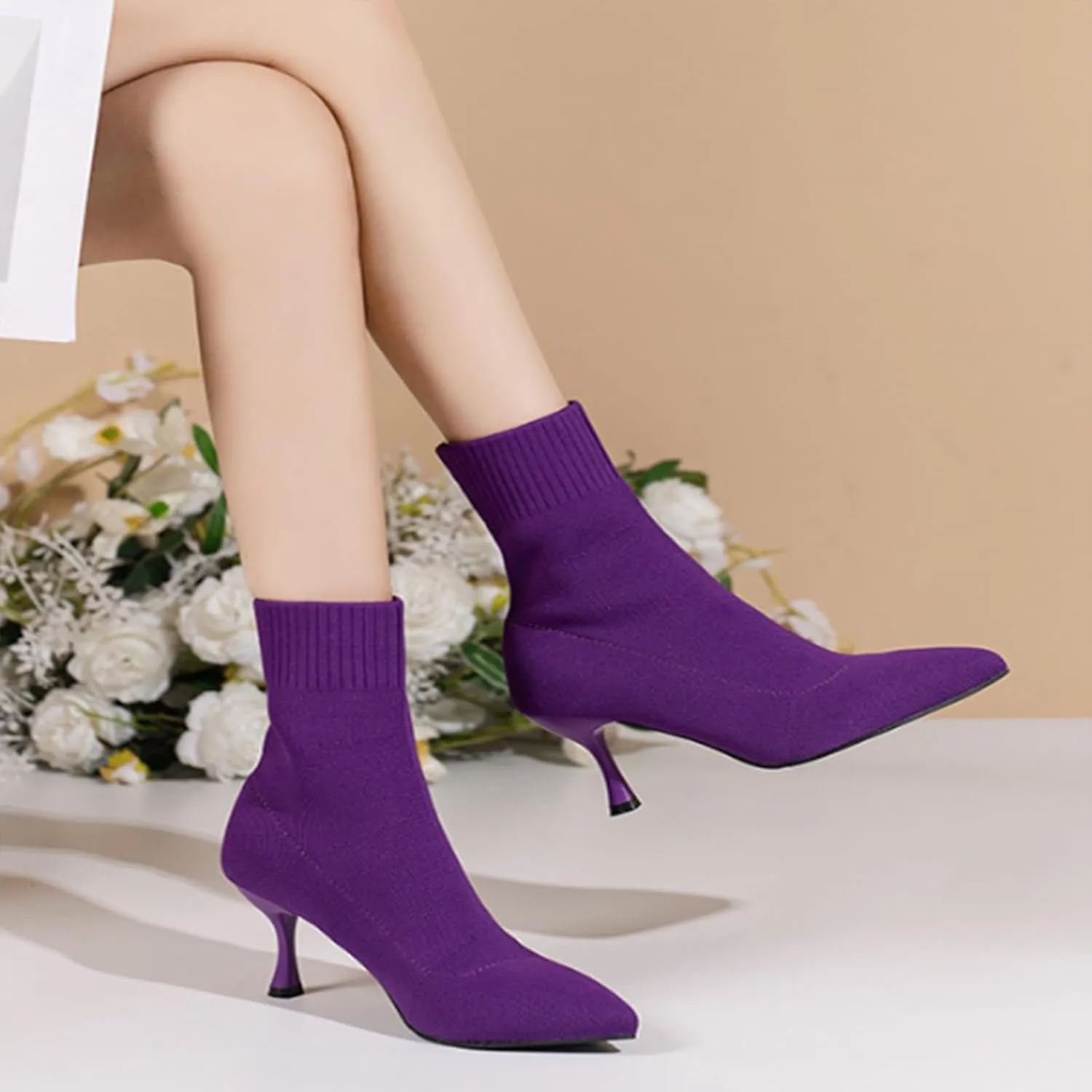 Aflngle Women's Stylish Ankle Boots Sexy Pointed Toe Stiletto High Heels Boots Elastic Knitted Fabric Short Sock Heels Comfy Mid Calf Booties