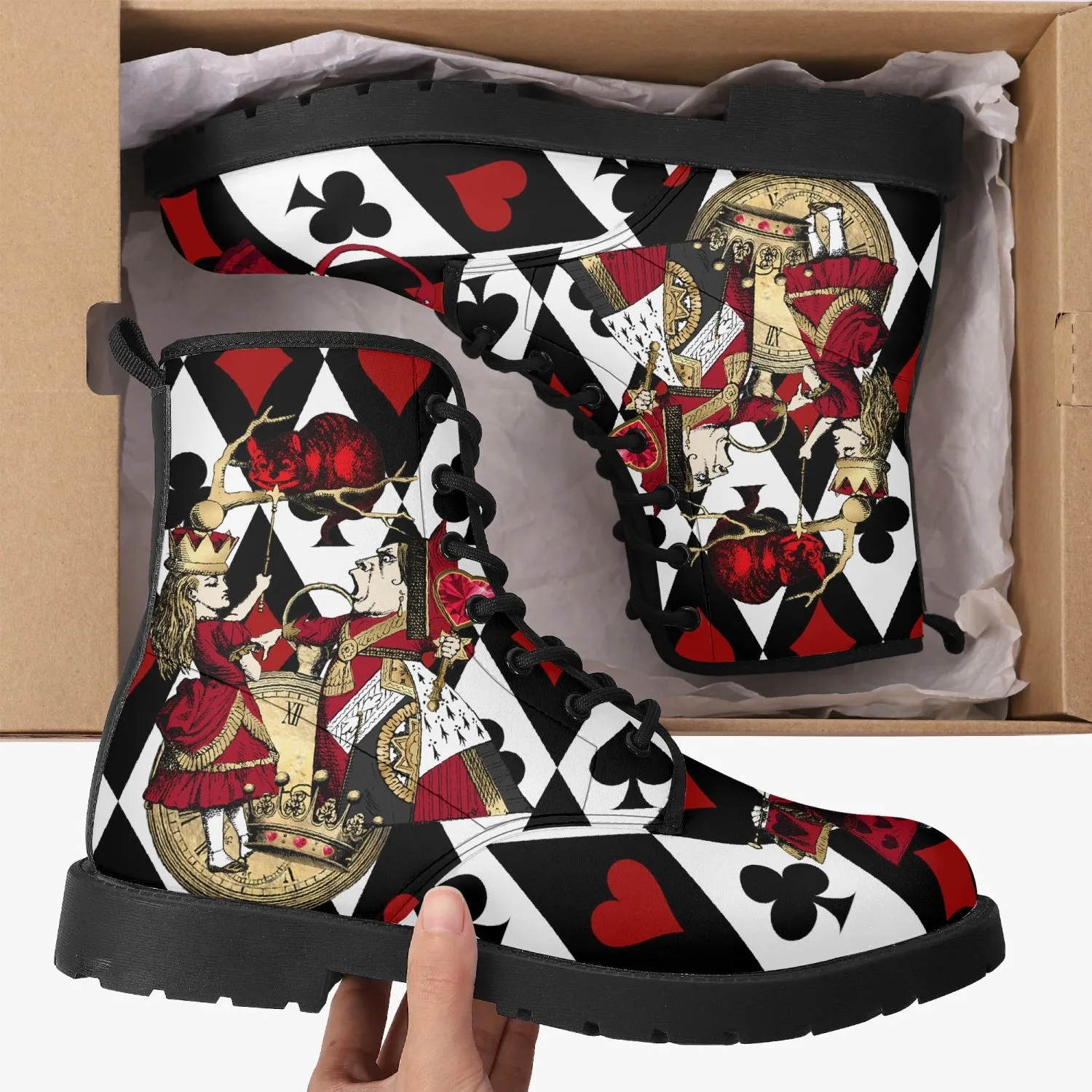 Alice in Wonderland Queen of Hearts Vegan Leather Combat Boots - Through the Looking Glass Gothic Boots (JPREG102)