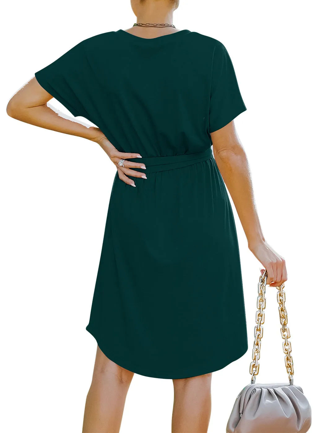 Anna-Kaci Women's Summer V-neck Solid Short Sleeve T Shirt Dress Casual Tie Waist Skirt