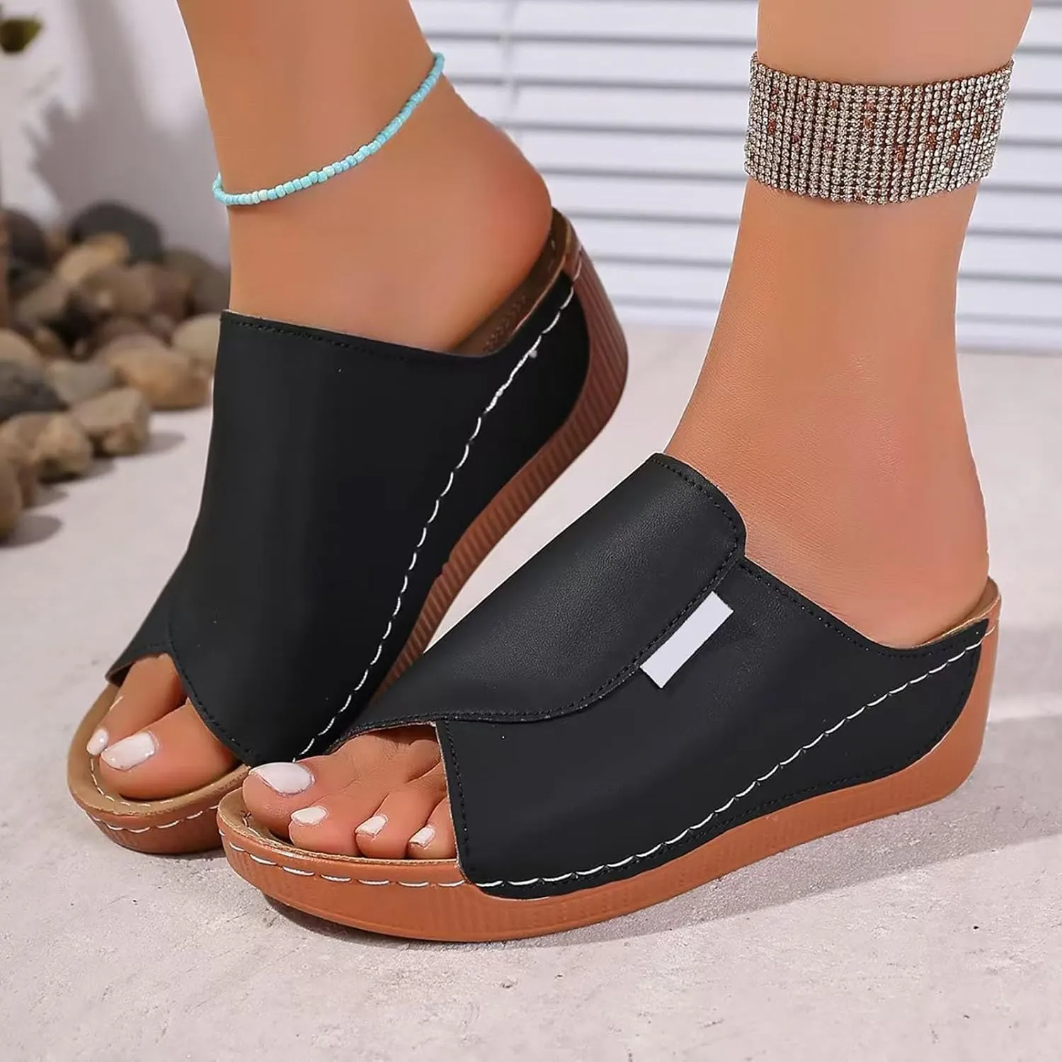 Arch Support Slides Women Comfortable Orthopedic Leather Platform Wedge Sandals Summer Casual Walking Orthotic Slippers