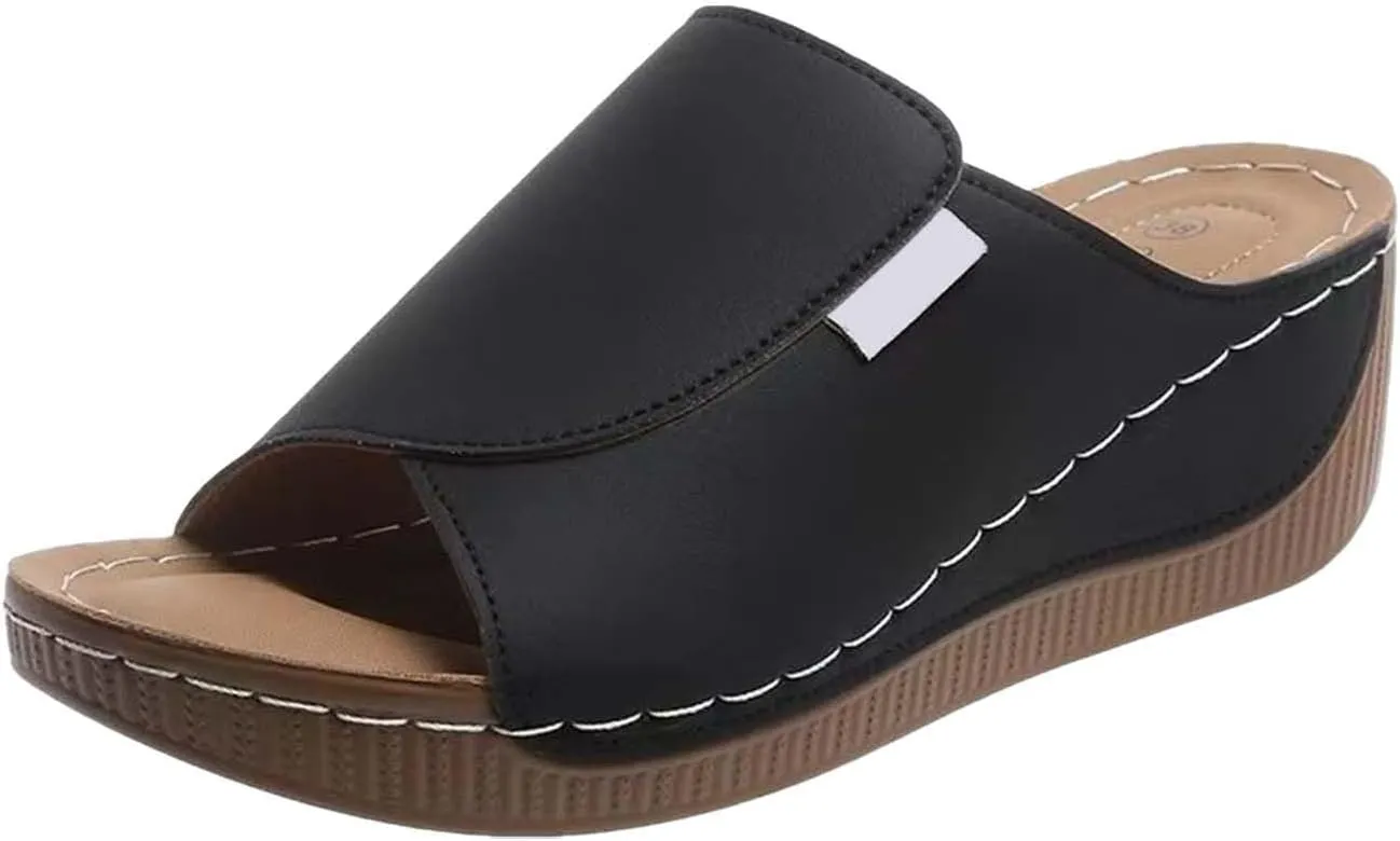 Arch Support Slides Women Comfortable Orthopedic Leather Platform Wedge Sandals Summer Casual Walking Orthotic Slippers