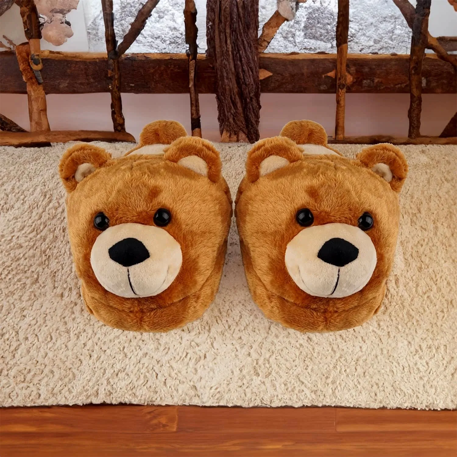 Bear Slippers - Poofy Plush Brown Women M