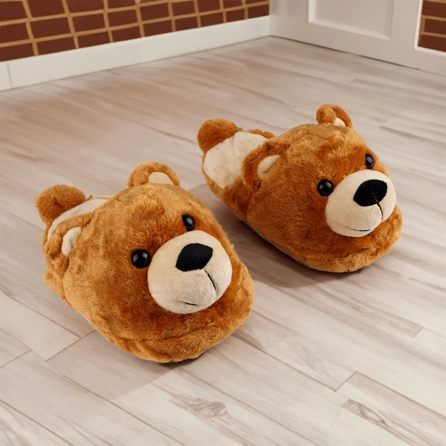 Bear Slippers - Poofy Plush Brown Women M