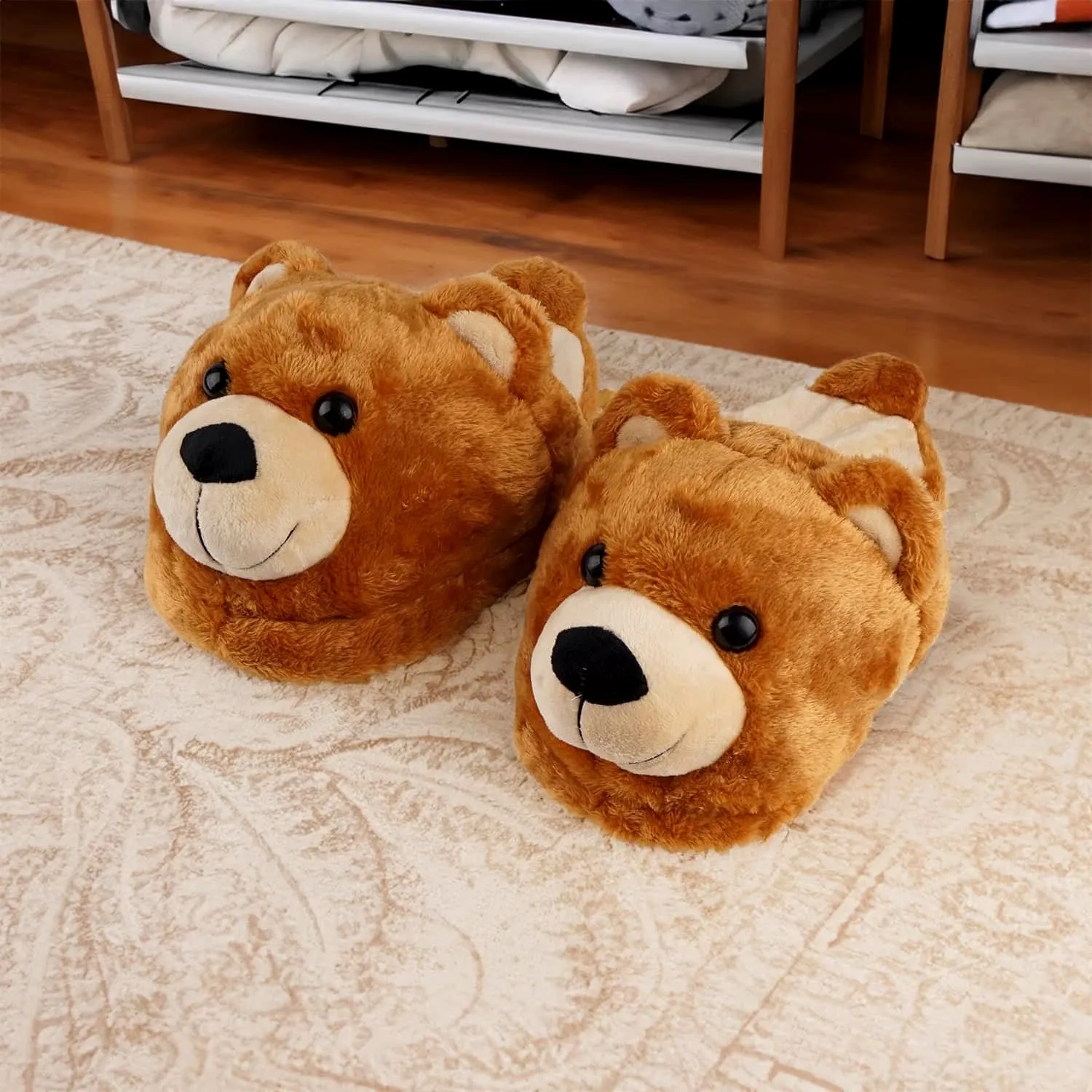 Bear Slippers - Poofy Plush Brown Women M