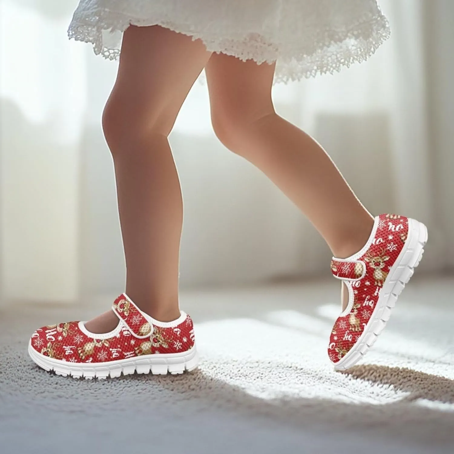 Binienty Fashion Mary Jane Sneakers for Girls Anti-Slip Holiday Christmas Easter Mesh Flat Sneaker School Shoes