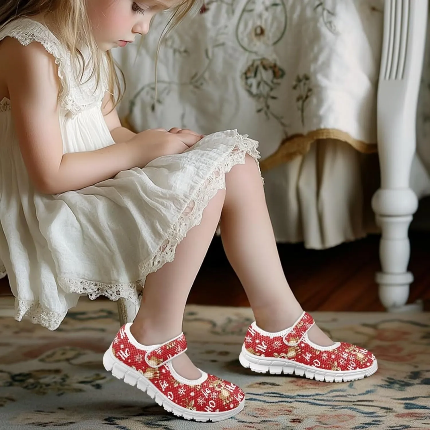 Binienty Fashion Mary Jane Sneakers for Girls Anti-Slip Holiday Christmas Easter Mesh Flat Sneaker School Shoes