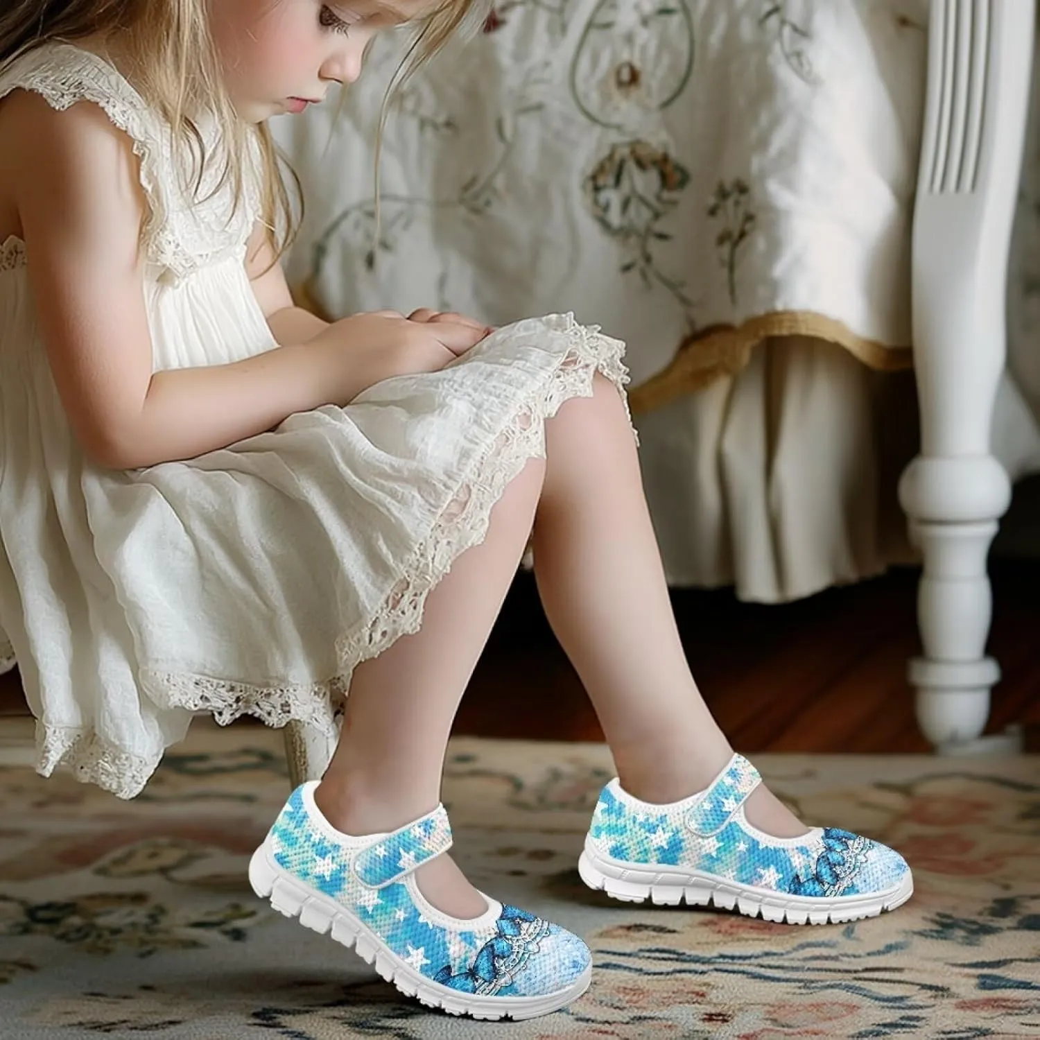 Binienty Girls Mary Jane Sneaker Casual Mesh Flat Shoes Memory Foam Slip on School Dress Shoes