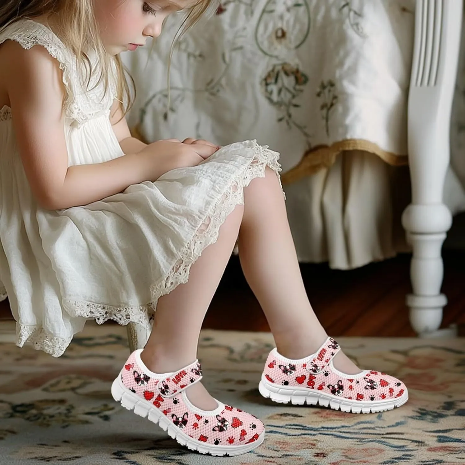 Binienty Kids Girls Mesh Mary Jane Sneakers Athletic Running Tennis Sport Shoes
