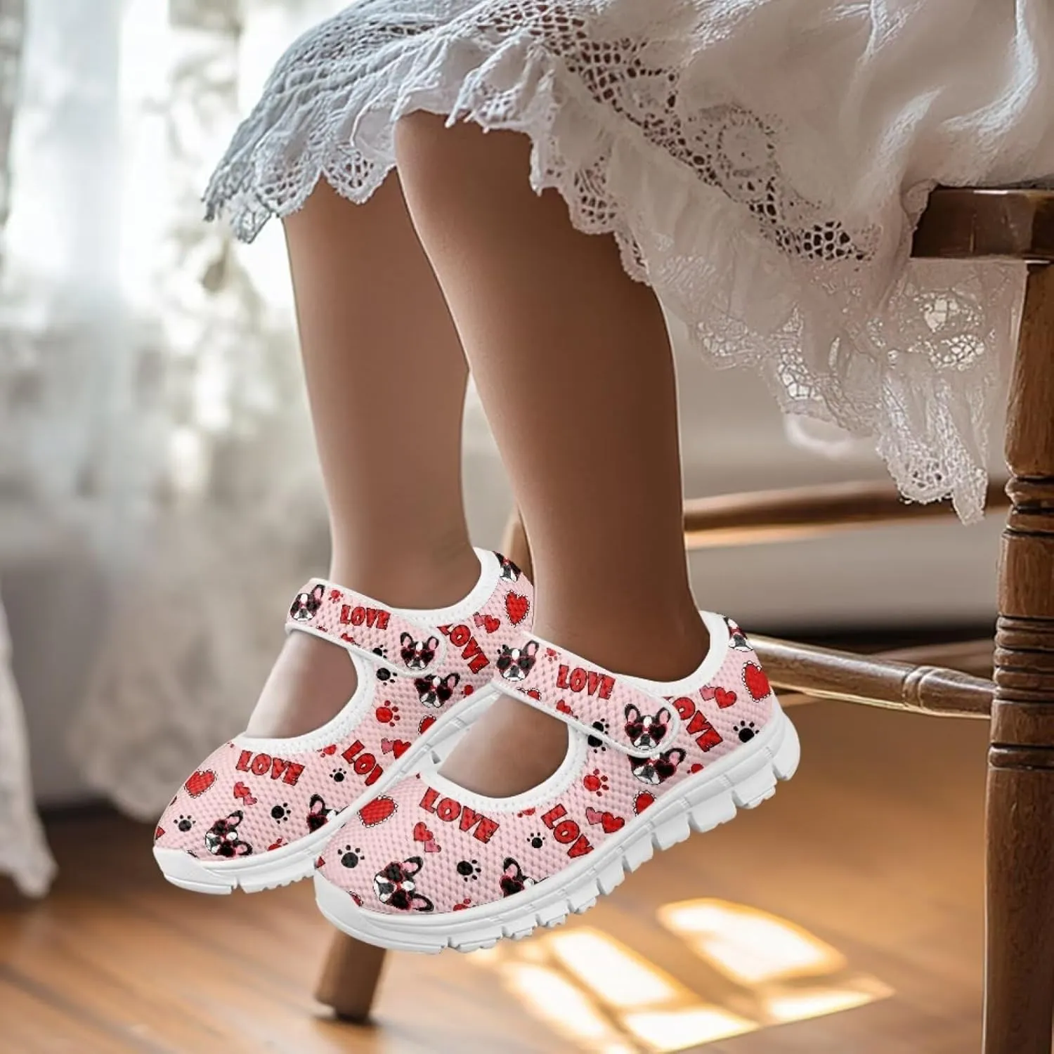 Binienty Kids Girls Mesh Mary Jane Sneakers Athletic Running Tennis Sport Shoes