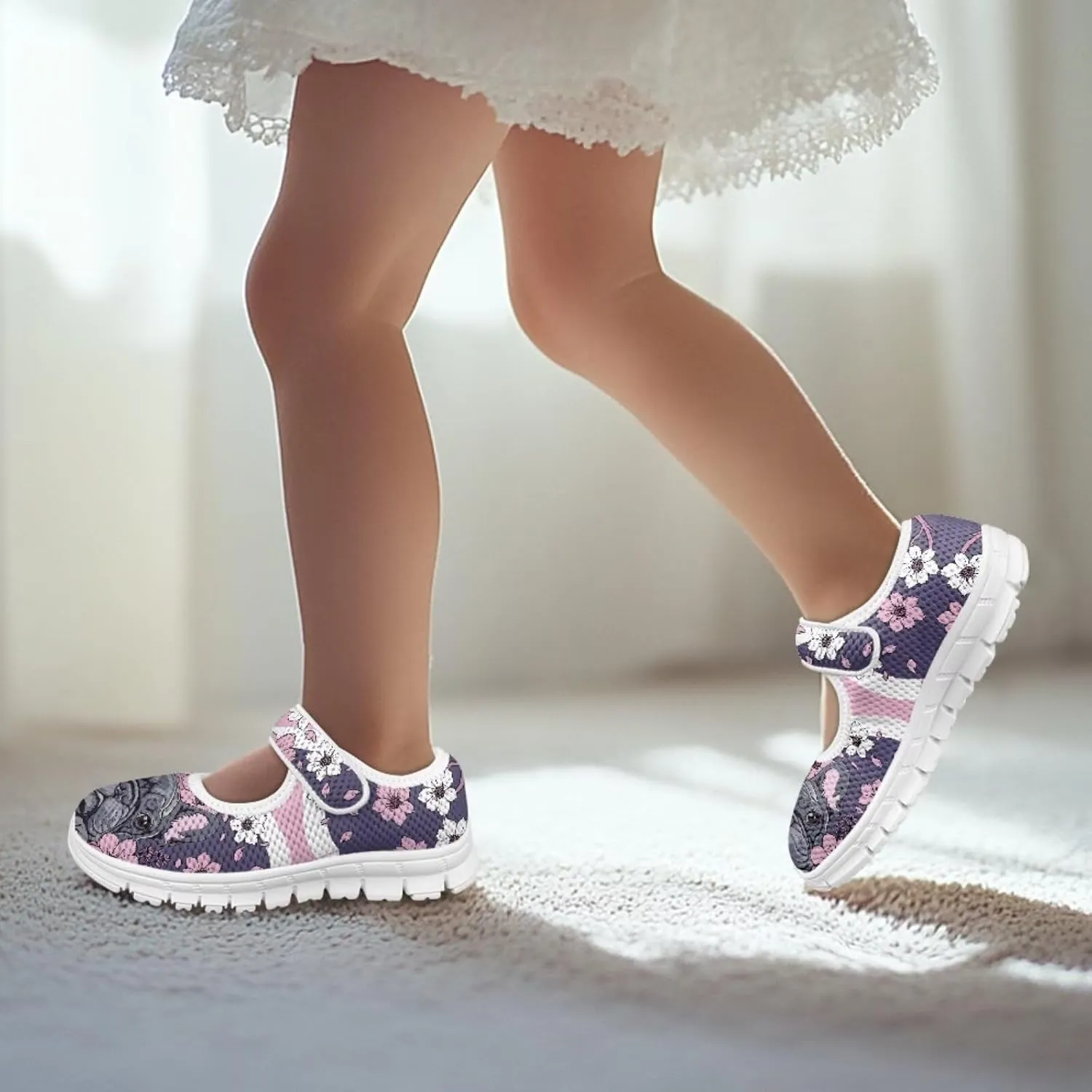 Binienty Kids Girls Mesh Mary Jane Sneakers Athletic Running Tennis Sport Shoes