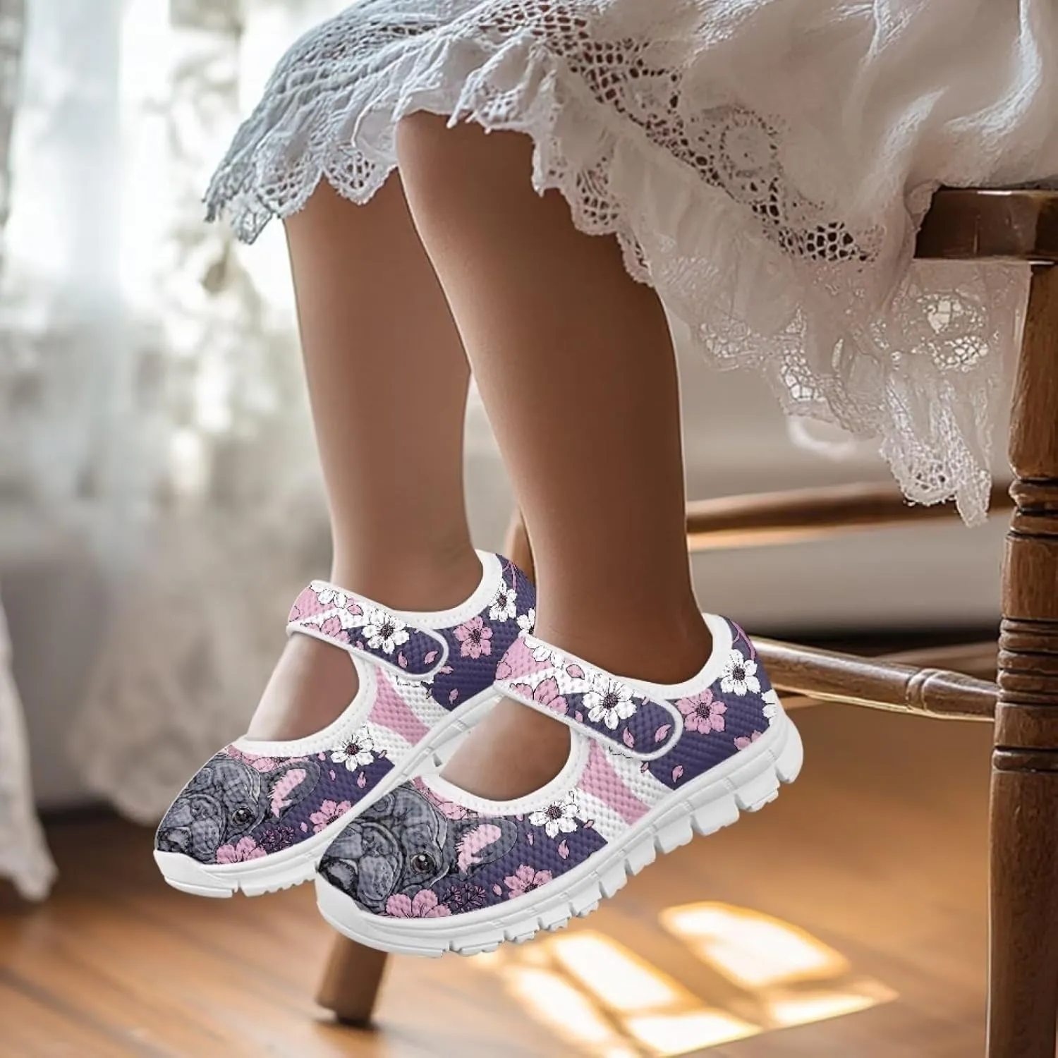 Binienty Kids Girls Mesh Mary Jane Sneakers Athletic Running Tennis Sport Shoes