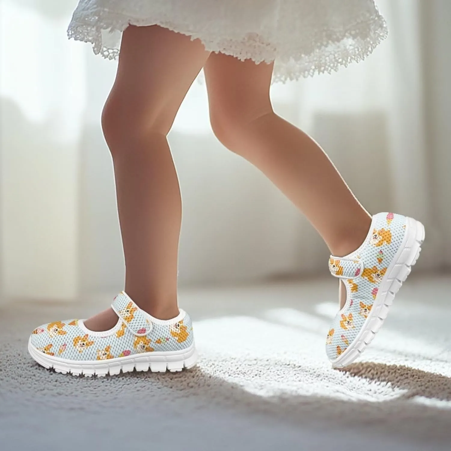 Binienty Kids Girls Mesh Mary Jane Sneakers Athletic Running Tennis Sport Shoes